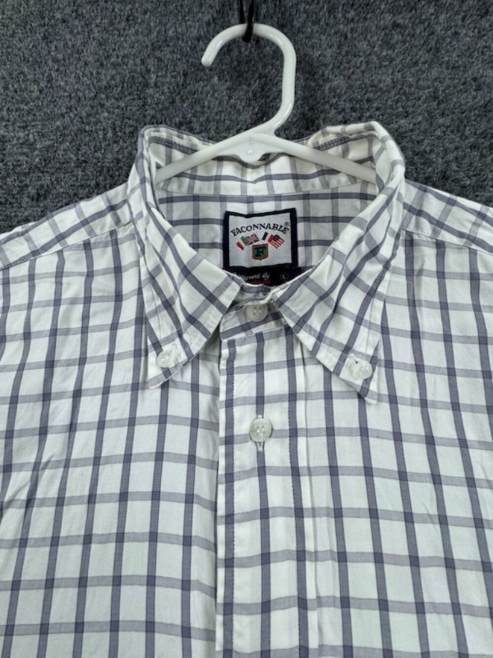 Faconnable Large Gray Mens White Button-Down Logo Check Pocket French Shirt